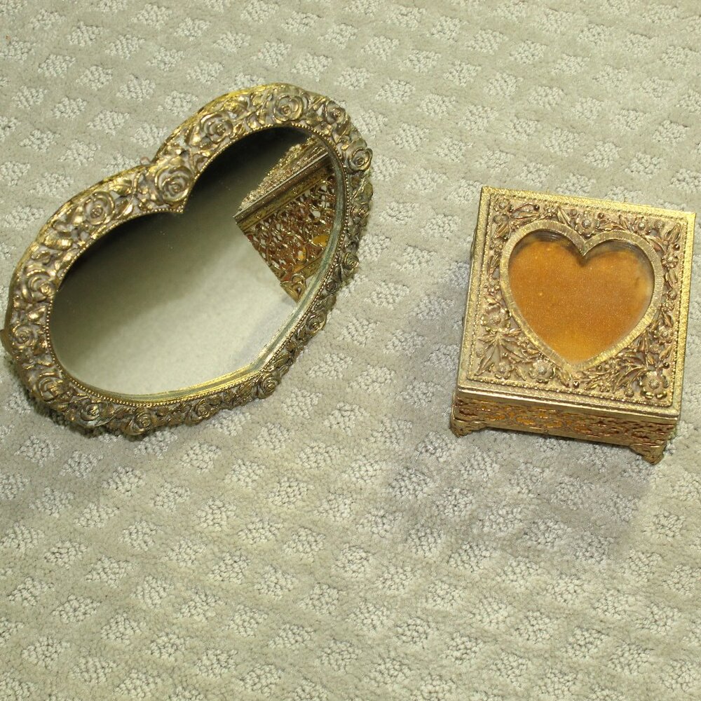 Vtg Brass Filigree Heart Mirror & Matching Metal Square Felt Lined Jewelry Box
